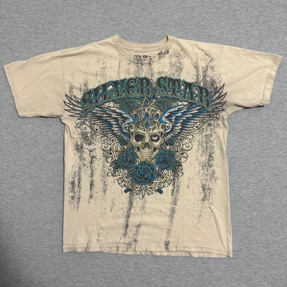 Silver‎ Star Casting Co Graphic T-Shirt Skull Wings Roses Tan Mens Size Medium